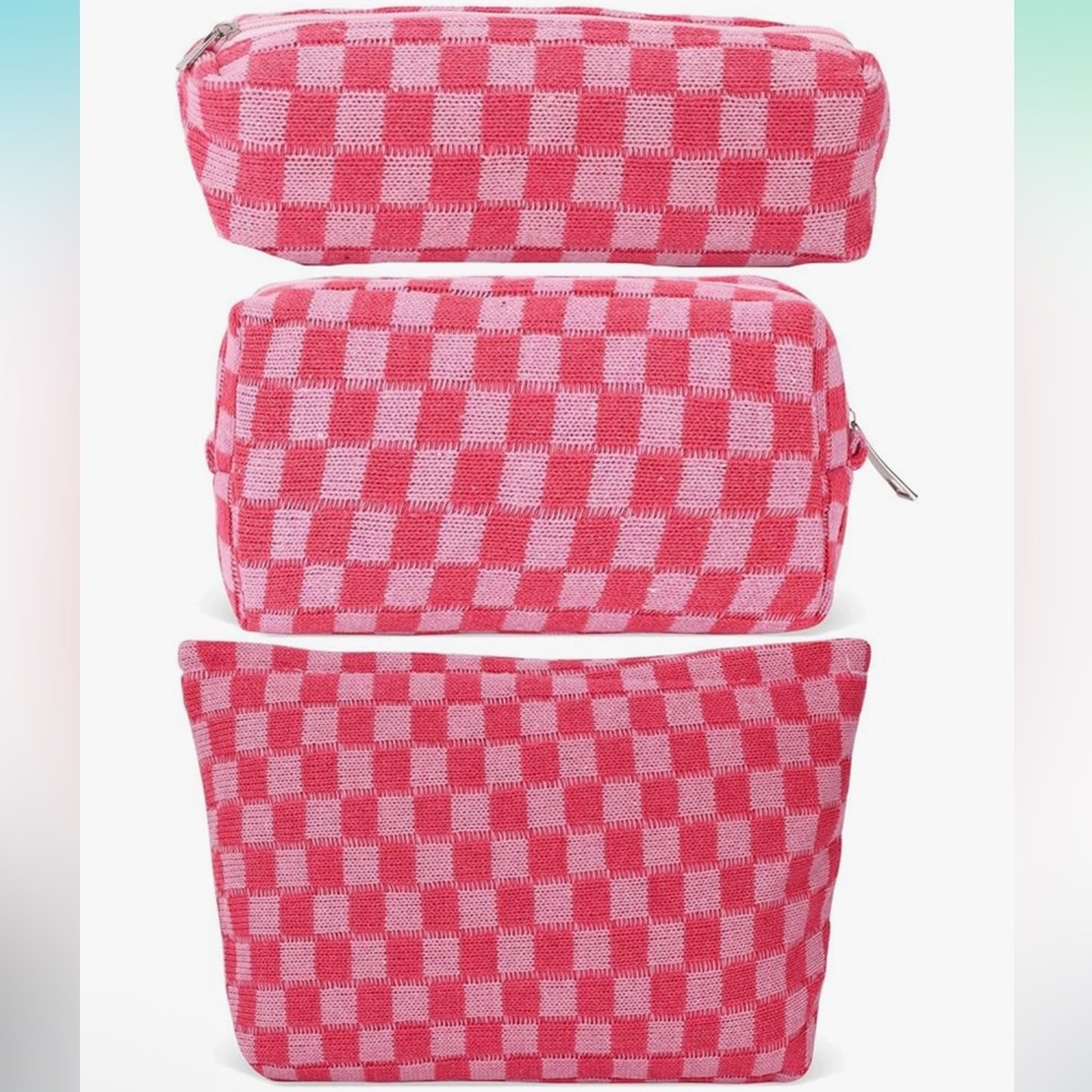 NEW Checkered Pink 3 PK Cosmetic Bags